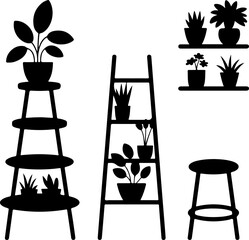 Black Silhouette Set of Creative Plant Stands. Layered Shelf, Ladder Rack, Wall Mount, and Stool Display