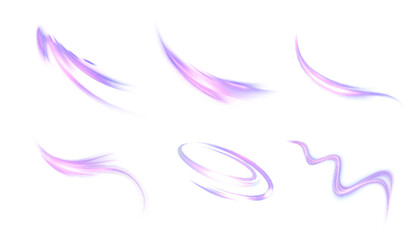 Set of soft purple glowing light strokes and curved magic trails isolated on white. Vector swish elements for motion design, fantasy spell effects and game interfaces. © MAKSYM