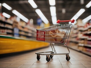 shopping cart is blurred in an aisle