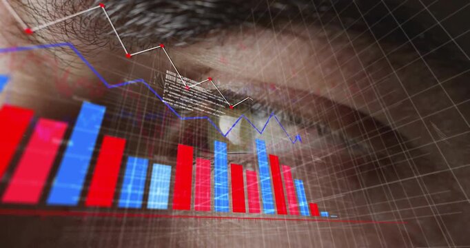 Man holding eyelid viewing bicolor barchart polyline arrow line code overlay tracking trends in AR
