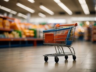 shopping cart is blurred in an aisle