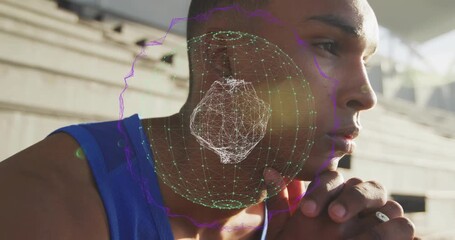 Male athlete leaning on bleachers with rotating overlay pulsing around head tracking biometrics - Powered by Adobe