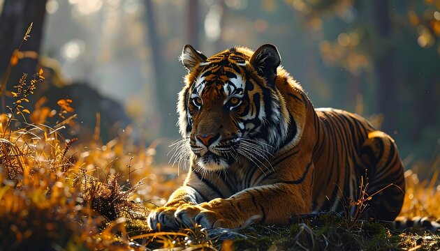 Regal tiger rests amongst golden flora, bathed in sunlit forest