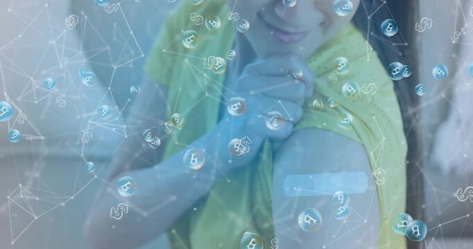 Woman rolling sleeve in room revealing bandage while currency nodes linking vaccine to healthtech