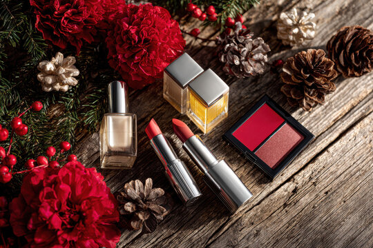 Festive Cosmetic Products Christmas Wooden Background