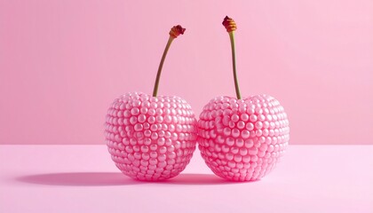 Stylized pearl-covered cherries with stems on pink background