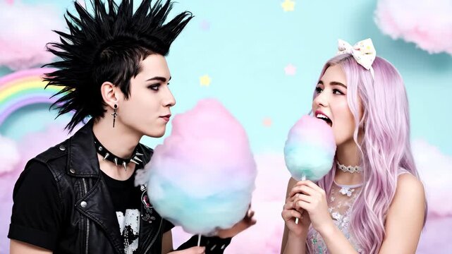 Man and woman eating cotton candy in sequence. Colorful fast food dessert and sweet treat footage.