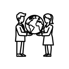 Two people holding globe while collaborating in a business setting  