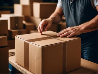 man hands taping a cardboard box, preparing it for shipment in an ecommerce warehouse