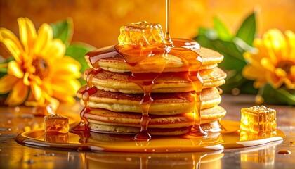 Stack of pancakes with syrup and cubes on golden floral background