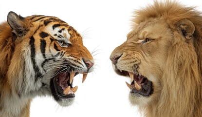 Obraz premium Fierce tiger and majestic lion roar face-to-face in a confrontation on white