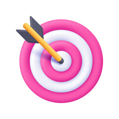 Pink and white target with arrow hitting the bullseye. Business finance target, goal of success, target achievement, precision and successful strategy. 3d vector icon. Cartoon minimal style.