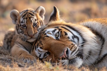 A tiger and her cub lie together in warm light, showing a tender bond in nature