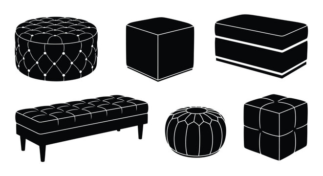 Collection of different types of poufs and ottomans interior furniture set