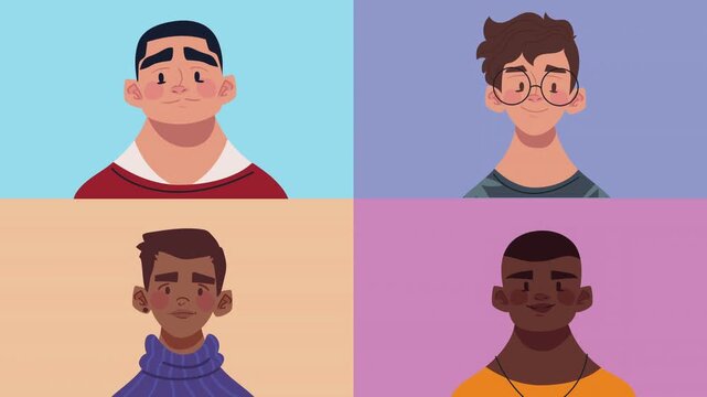 Collage of Four Diverse Cartoon Male Portraits with Different Backgrounds illustration