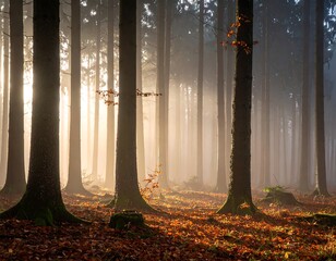 Morning light streams through tall trees in a foggy forest