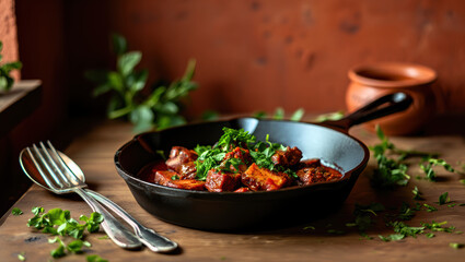 Beef stew in skillet, rustic style, warm earthy tones, comfort food