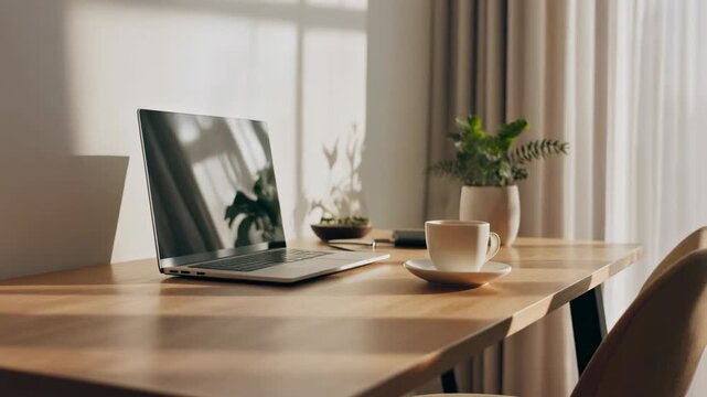 Cozy Workspace Laptop and Coffee on a Wooden Desk with Natural Light