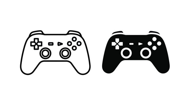 Two video game controllers, one outlined in black and white and the other solid black, are shown side-by-side on a white background.
