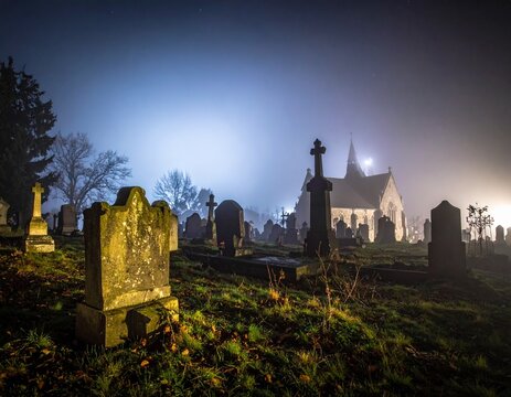 Old cemetery in the morning, halloween background in black and white