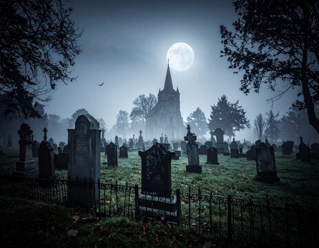Old cemetery in the morning, halloween background in black and white