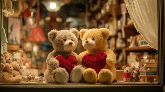 Teddy bears with hearts in a cozy shop window at night