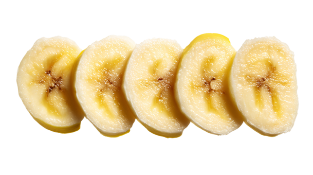 Five sliced banana segments arranged in a row isolated on transparent background