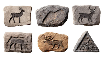 Collection of ancient petroglyphs carved on stone tablets depicting animals and symbols isolated on transparent background