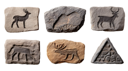 Collection of ancient petroglyphs carved on stone tablets depicting animals and symbols isolated on transparent background