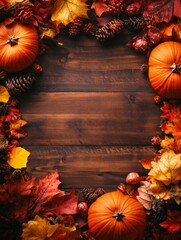 Festive autumn frame with pumpkins, colorful leaves, and pine cones on a rustic wooden background, perfect for fall-themed designs and Thanksgiving