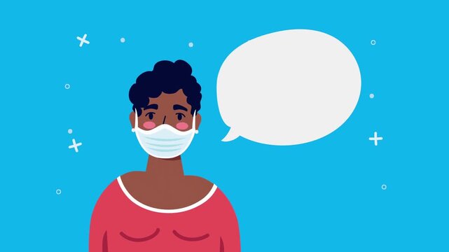 Person wearing face mask with speech bubble on blue background medical mask communication