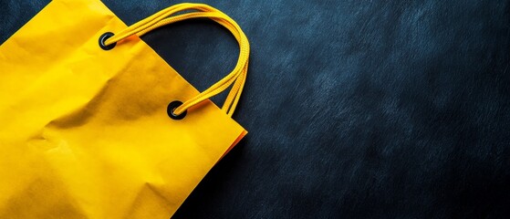 Bright yellow shopping bag with handles positioned on a dark textured background, offering ample copy space for retail and commerce concepts