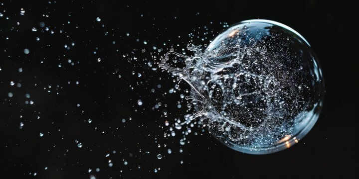 Soap bubble bursting, water splashing, black background