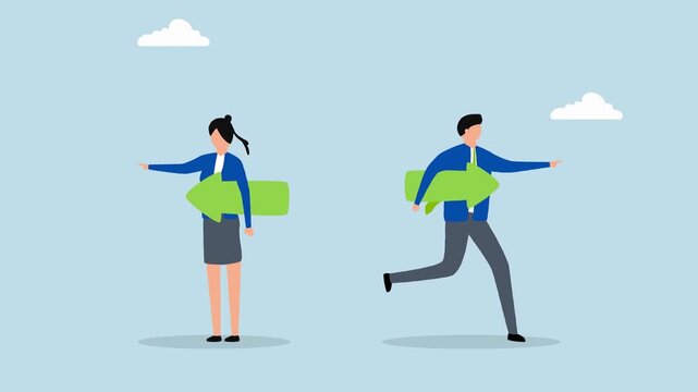 Business people with green arrows pointing in opposite directions choice