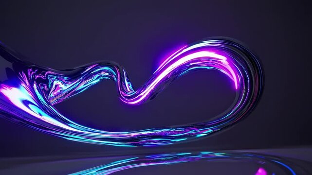 Flowing metallic structure with vibrant neon blue and purple lighting on a dark background - Powered by Adobe