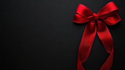 Close-up of a luxurious red satin ribbon tied in a bow against a dark black background, offering ample copy space for text or design