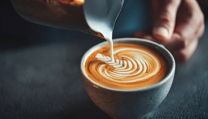 Barista pouring milk into a cup of coffee creating beautiful latte art. Close-up of hands making a cappuccino or latte