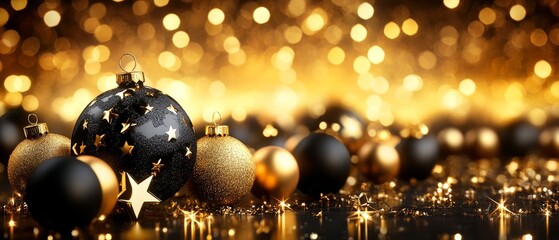 Festive scene with shimmering gold and black Christmas baubles against a background of warm golden bokeh lights, creating a magical holiday atmosphere