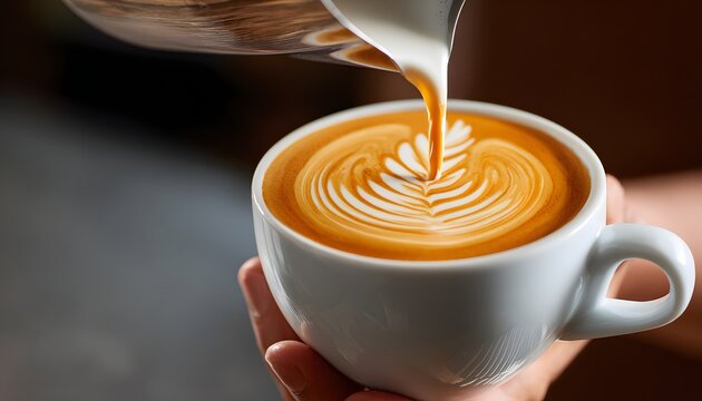 Barista pouring milk into a cup of coffee creating beautiful latte art. Close-up of hands making a cappuccino or latte - Powered by Adobe