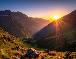 Obraz premium Mountain valley at dawn with sun rays