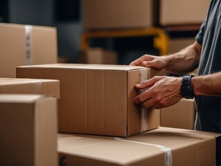 man hands taping a cardboard box, preparing it for shipment in an ecommerce warehouse