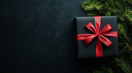Black gift box with red ribbon bow next to pine branches on dark background. Luxurious holiday present concept with copy space