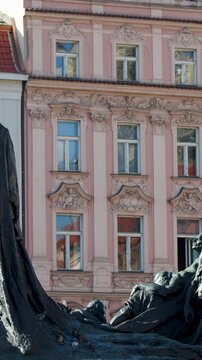 Slow Pan Across Jan Hus Memorial in Prague Old Town Square