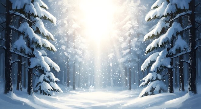 Snow covered pine trees line a sunlit winter forest path