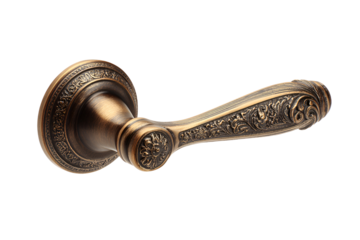 Antique ornate brass door handle with intricate floral patterns isolated on transparent background