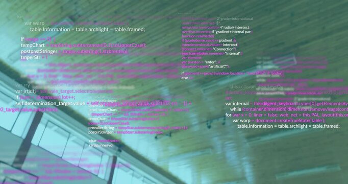 Dribbling athlete entering shooting three-pointer while tech code overlay cascading across ceiling