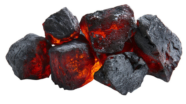 Pile of glowing hot charcoal briquettes with embers and dark texture isolated on transparent background