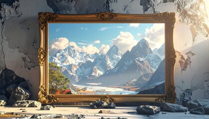 Ornate golden frame displaying a mountain range scene, within broken wall