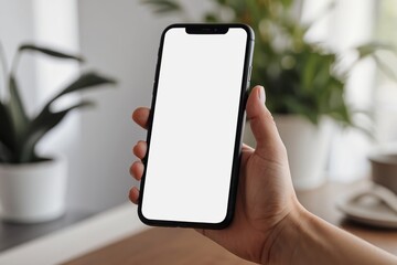 mock up phone in woman hand showing white screen