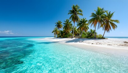 A stunning tropical island surrounded by crystal-clear turquoise water, white sandy shores, and tall palm trees under a bright blue sky